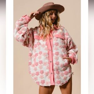 BiBi OVERSIZED Floral Jacquard Mix n Match Fleece and Corduroy Shacket in Pink